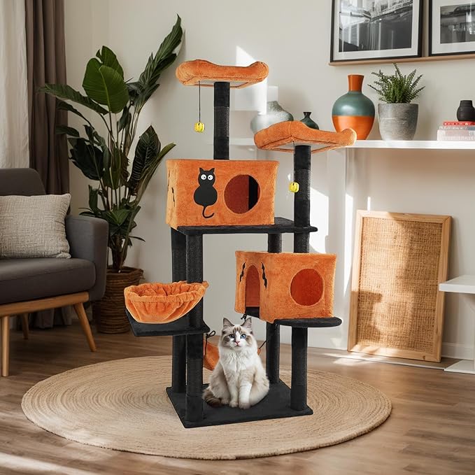 61" Halloween Cat Tree, Large Cat Tower with 2 Spacious Cat Condos, 2 Padded Perches, 2 Hammocks, Scratching Posts, Hanging Toy, Multi-Level Cat Activities Furniture for Large Cats (58 * 44 * 155CM)