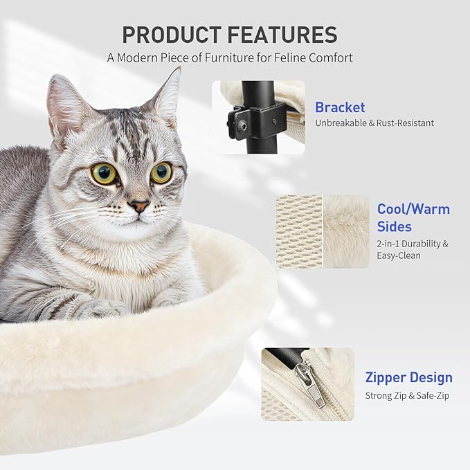 Cat Desk Bed - Machine Washable Reversible Cats Hammock for Large and Kitten - 360° Rotating & Height Adjustable - Supports Up to 45lbs - Indoor Cat Nest Furniture for Office & Game Tables - White