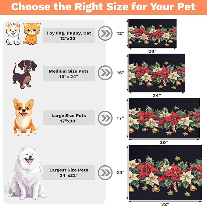Red Poinsettia Dog Food Mat for Floors Absorbent, Quick Dry Water Dispenser Mat for Food, Water, Pet Supplies 16" x 24", Bell Star