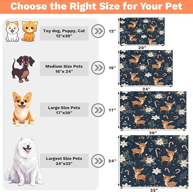 Xmas Elk Dog Food Mat for Floors Absorbent, Quick Dry Water Dispenser Mat for Food, Water, Pet Supplies 24" x 32", Christmas Holly