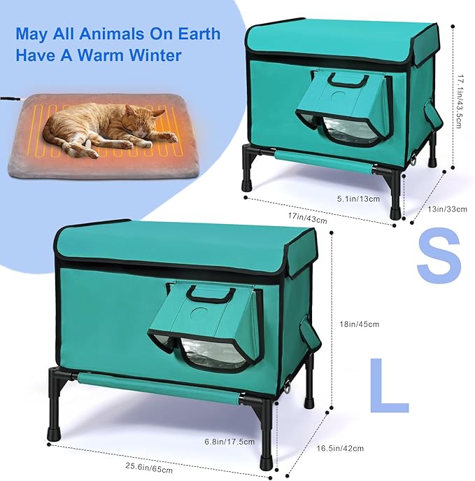 Heated Outdoor Cat House Weatherproof, Small/Large Insulated Cat House for Indoor, Winter Stray/Feral Cat Shelter (Green Cat Bed, Large-25.6"×16.5"×12")