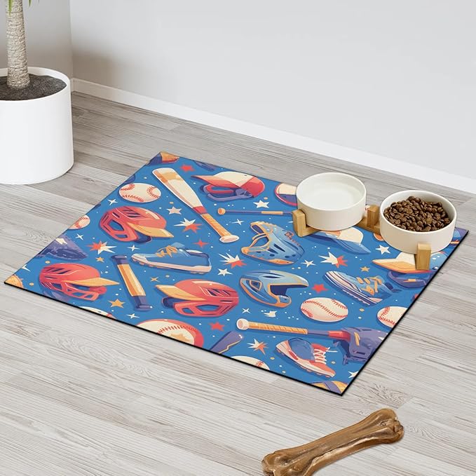 Baseball Dog Food Mat for Floors Absorbent, Quick Dry Water Dispenser Mat for Food, Water, Pet Supplies 24" x 32", Sport