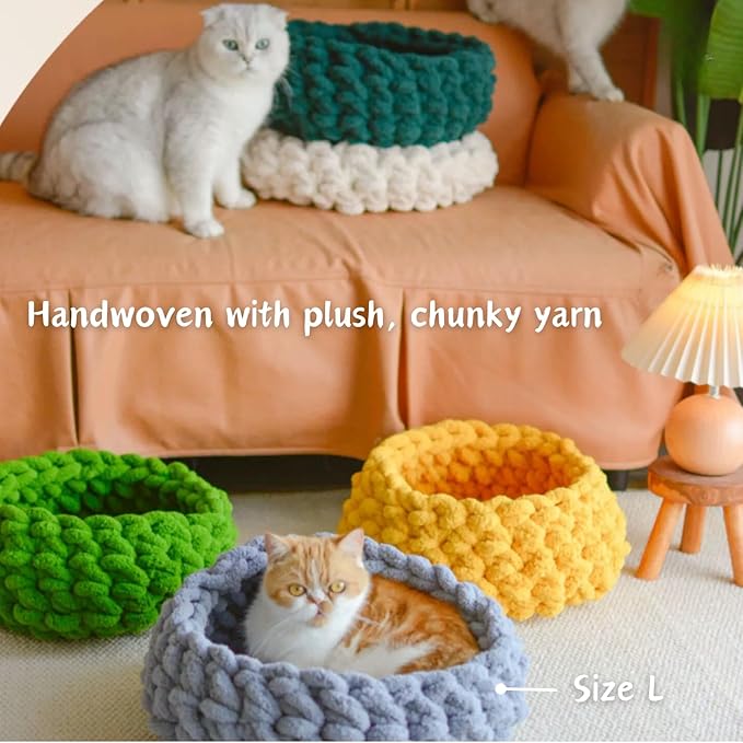 Cat Nest Bed - Premium Self Warming Handwoven Washable Extra Soft Round Cave House for Indoor Kitten & Kitty, Small & Large (DGreen,Large)