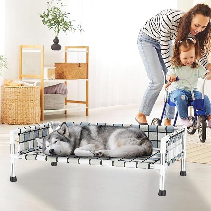 Elevated Raised Outdoor Dog Bed - Cooling Washable Dog Cot with Guardrail, Durable & Breathable Cotton Mesh Pet Hammock Beds with Stainless Steel Pipe Frame for Medium Pets (34'' x 20'' x 12'')