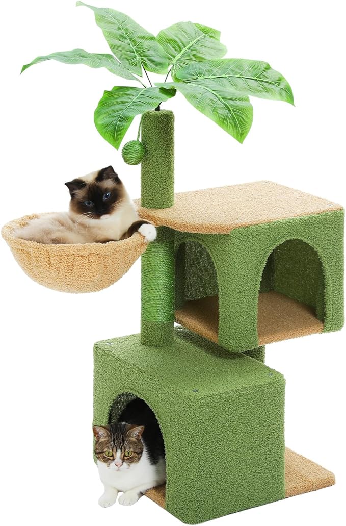 Green Cat Tree for Indoor Cats, 43" Small Cat Tower with Realistic Leaves, Scratching Posts, Dual Condos and Cozy Hammocks, Kitten Activity Center with Dangling Ball