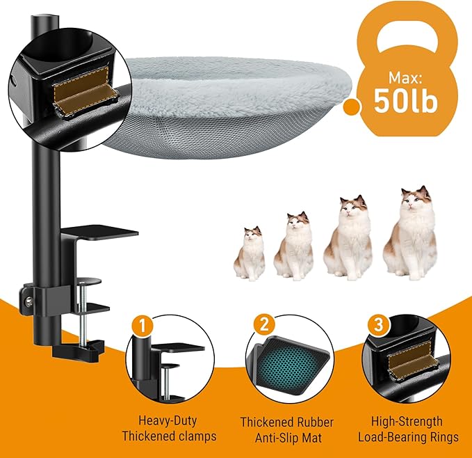 On/Under Cat Desk Bed - 360°Rotation & Adjustable Mount Perch Cats Hammock Up to 50 lbs Cat Furniture for Office Desks and Game Tables with 2 Soft and Breathable Dual-Sided Reversible Mat
