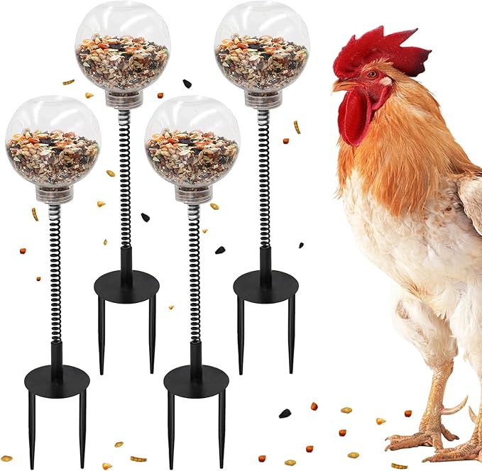 Chicken Enrichment Toys with Spring and Ground Stake, 4 Peck Treat Dispenser, Chicken Feeder for Coop, Coop Accessories for Hens, Geese, Ducks, Turkeys, Other Poultry
