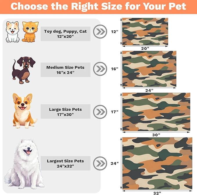 Camouflage Dog Food Mat for Floors Absorbent Dog Bowl Mat for Food and Water Dispenser Quick Dry Cat Food Placemat Pet Supplies 17" x 30", Green Brown