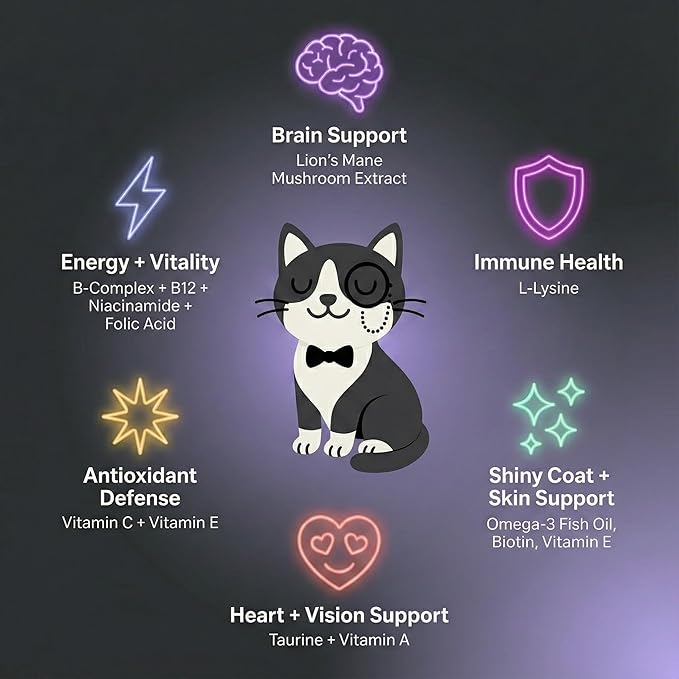 Human-Grade Cat Multivitamin | 15-in-1 Cat Vitamins for Indoor Cats + Taurine + Fish Oil + L-lysine + Lion's Mane | Feline Vitamins and Supplements | 45 Day Supply of Soft Chews