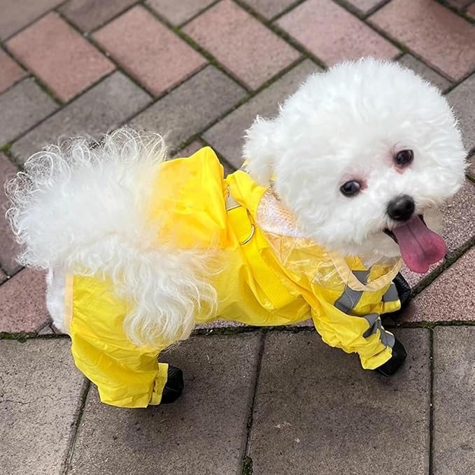 Waterproof Dog Raincoat,Full Coverage 4 Legs Dog Rain Jacket for Small Dogs,Pet Rain Coat with Hood,Reflective Strips&Leash Hole Outdoor Raincoat (Small（for Weight 3.3-5 lb）, Yellow)