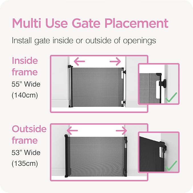 Retractable Baby Gate Perma Child Safety 33" Tall x 55” Wide, Mesh, for Stairs, Doorways, Dogs, Pets, Indoor, Outdoor, One-Handed Operation, Locking, Easy Install, Hardware Mount, Black