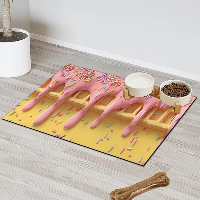 Ice Cream Dog Food Mat for Floors Absorbent Dog Bowl Mat for Food and Water Dispenser Quick Dry Cat Food Placemat Pet Supplies 16" x 24", Cute Waffle