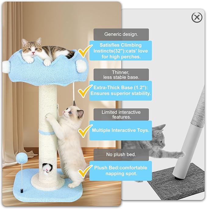 Tall Cat Scratching Post for Indoor Cats Adults, Cat Scratch Post with Sisal Rope Claw Scratcher, Solid Wood Cat Tower with Scratching Post and Cat Toys Mouse Hole, Cute Small Cat Tree, (Blue Sky)