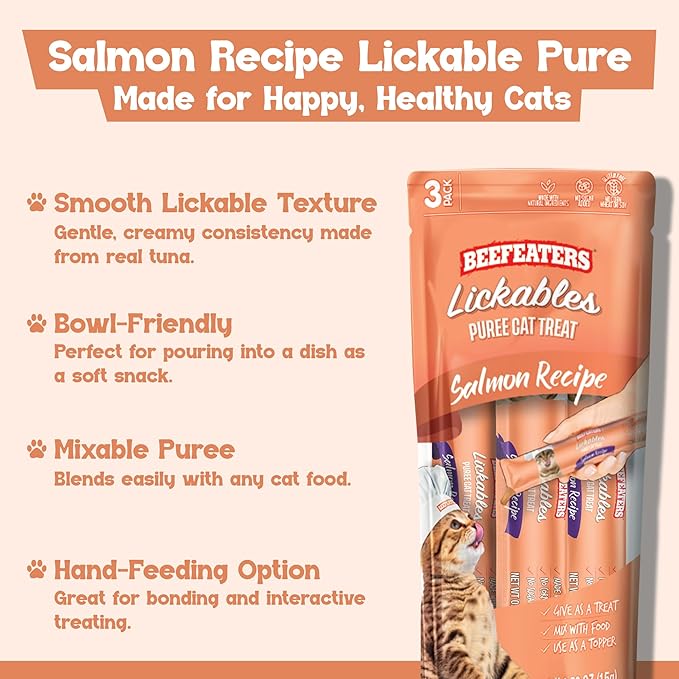 Beefeaters Salmon Pure Cat Treats 1.59oz (12 Pack) | Lickable Squeeze Tube Treats, Grain-Free, No Added Sugar, Real Salmon, Taurine-Enriched, Ideal for Bonding, Seniors, Toppers & Everyday Treating
