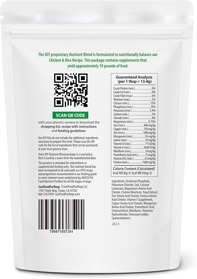 Just Food for Dogs Nutrient Blend, Vitamins and Supplements for Homemade Dog Food, Chicken and Rice, DIY Fresh Pet Meals and Toppers, Human Grade Quality, Dog Multivitamin Additive, 4.55oz