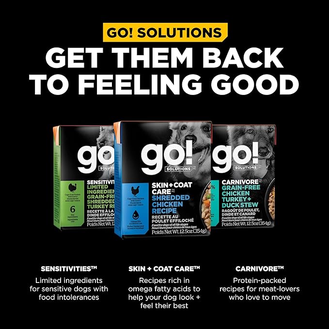 Go! Solutions Skin + Coat Care, Wet Dog Food, Shredded Chicken Recipe with Grains for Sensitive Skin, 12.5 oz (Pack of 12)