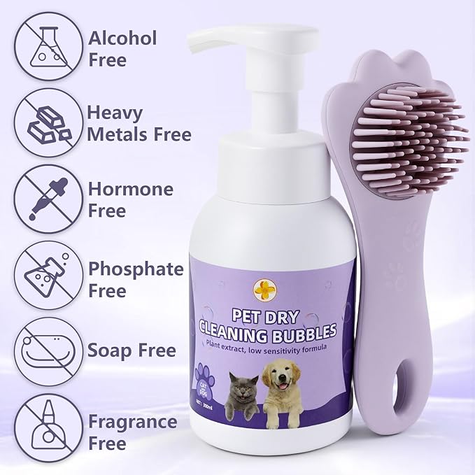 Cat Waterless Shampoo with Brush, for Quick Cleaning Between Baths, No Rinsing Needed, Hypoallergenic, Suitable for Cats and Dogs