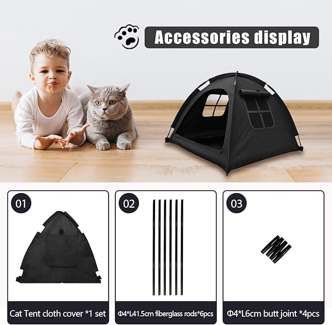 Open Design Pet Tent, Cozy Monitoring Bed for Cats & Puppies, Breathable Mesh Walls for Security & Ventilation, Indoor Outdoor Travel, Black