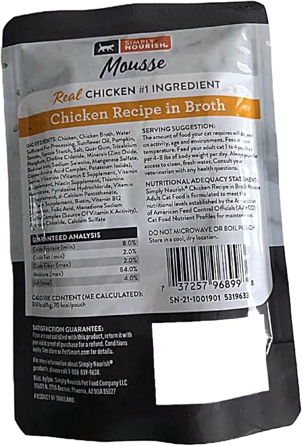 SIMPLY NOURISH Adult Cat Mousse Recipe in Broth. 4-Pack 3 oz Pouches Plus Cat Toy (Toy Varies) (Chicken Recipe in Broth)