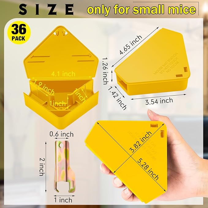 Qualirey Mice Station with Key Triangle Mouse Station Reusable Rodent Trap Box, Keeps Children and Pets Safe Indoor & Outdoor Suitable for Small Mice(Yellow,36 Pcs)