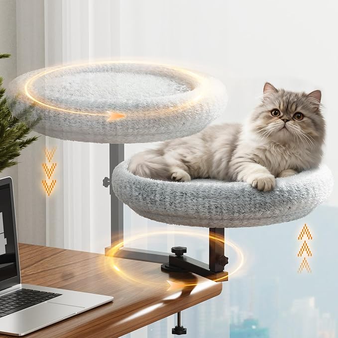 VERIFOST Cat Bed for Desk with Adjustable Height & 360 Rotation Elevated, Heavy-Duty Cat Desk Bed for Small Space, Soft & Comfortable Modern Unique Kitten Furniture, Indoor Cats Up to 60 lbs (Gray)