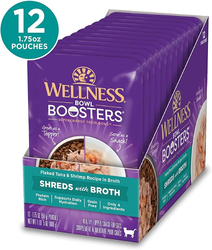 Wellness Bowl Boosters Wet Cat Food Topper, Grain Free, Natural, Flaked Tuna & Shrimp Recipe in Broth, 1.75 Ounce Pouch (Pack of 12)
