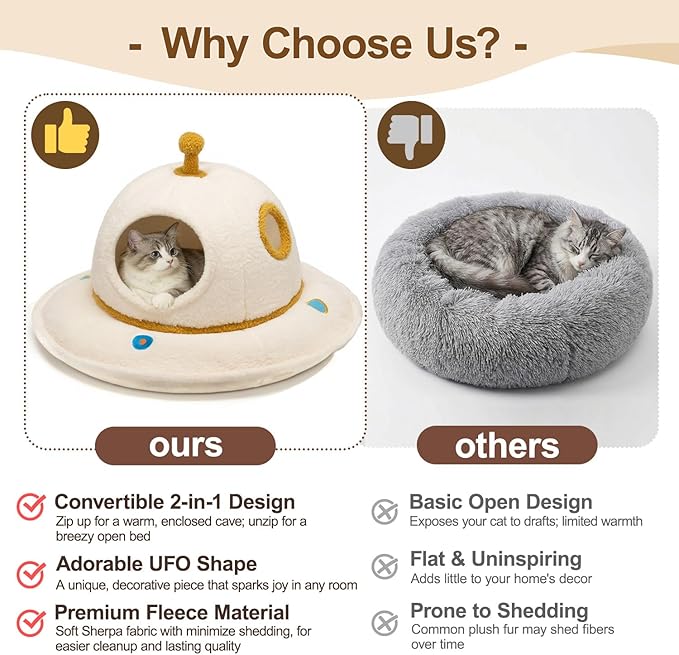 Cat Beds for Indoor Cats - 2 in 1 Cute Cat Bed Cave for Large Cats with Removable Washable Cushioned Pillow, UFO Cozy Large Cat Bed Hideaway (Up to 25 Lbs)
