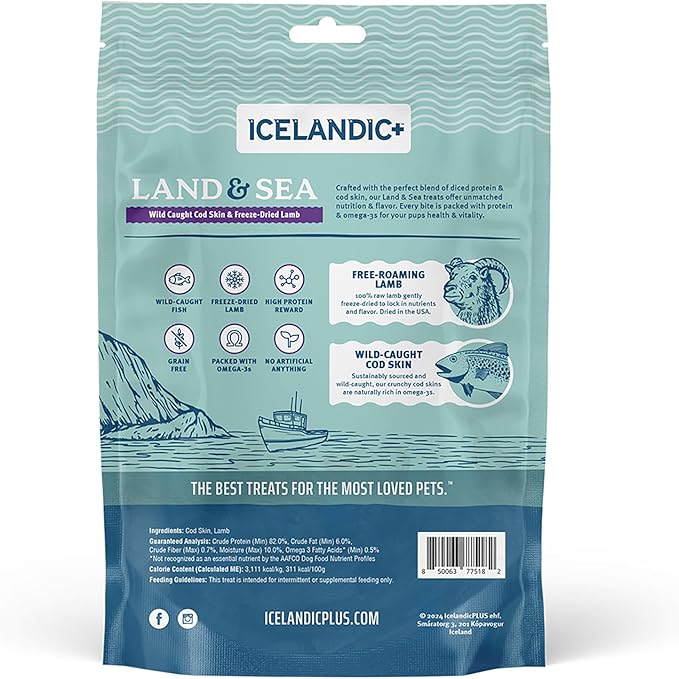 Icelandic+ Land & Sea Wild Caught Cod Skin & Freeze-Dried Lamb - 2.4oz Bag, Dog Treat & Food Topper, 2 Ingredients, No Preservatives, All Natural
