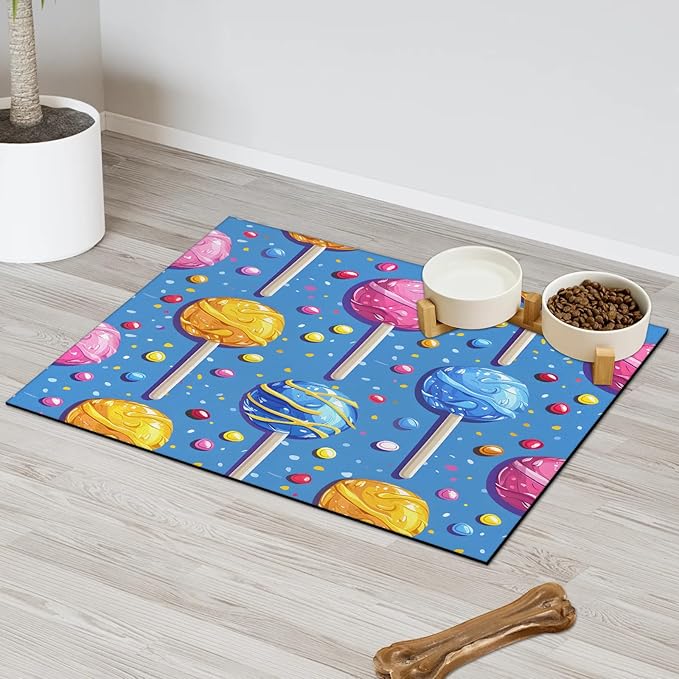 Candy Dog Food Mat for Floors Absorbent Dog Bowl Mat for Food and Water Dispenser Quick Dry Cat Food Placemat Pet Supplies 24" x 32", Sweet Theme