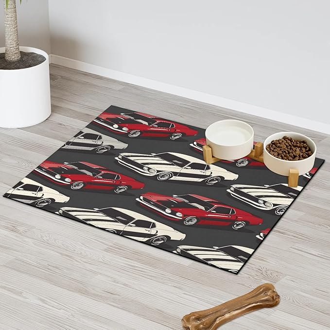 Vintage Car Dog Food Mat for Floors Absorbent, Quick Dry Water Dispenser Mat for Food, Water, Pet Supplies 12" x 20", Red White Car