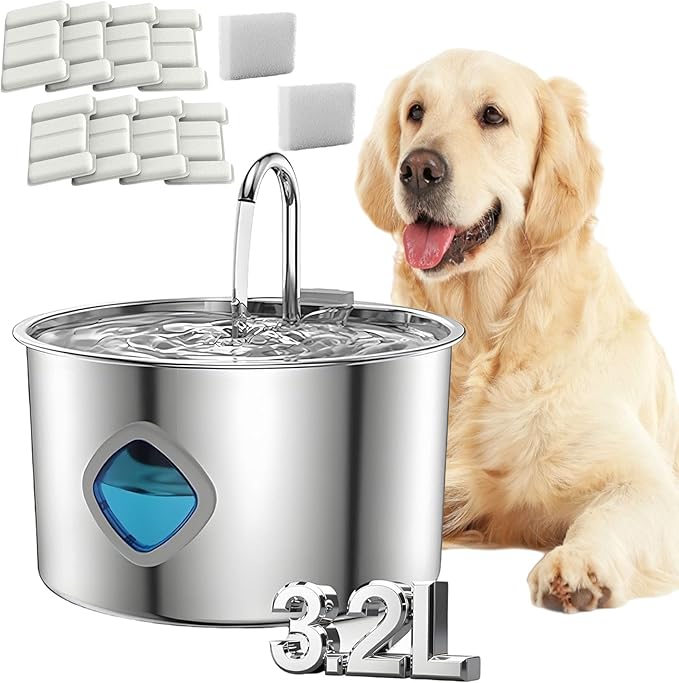 Dog Water Fountain, 4l/7l Doggy Fountain, Large Capacity Dog Water Fountain Stainless Steel, Silent Low-Noise Design, Multi-Filtration, LED Low‑Water Alert (1pcs+12 Filter)