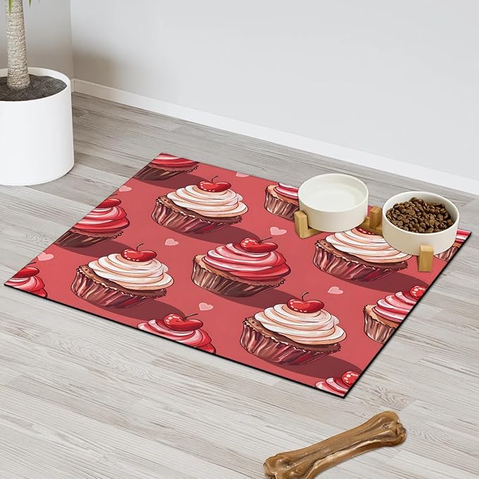 Cup Cake Dog Food Mat for Floors Absorbent Dog Bowl Mat for Food and Water Dispenser Quick Dry Cat Food Placemat Pet Supplies 16" x 24", Cherry Print