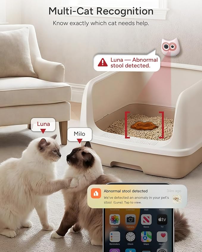 Litter Box Camera – AI Cat Health Monitoring, Records Cat's Toileting Behavior, Abnormal Alerts, Fits Automatic & Standard Litter Boxes, Multi-Cat Support, Cat Cam with Night Vision(Grey)
