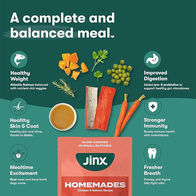 Jinx Dog Food Bundle - 11.5lb Salmon Dry Dog Food & 8-Pack Homemades Salmon & Chicken Wet Food Pouches (3-oz)