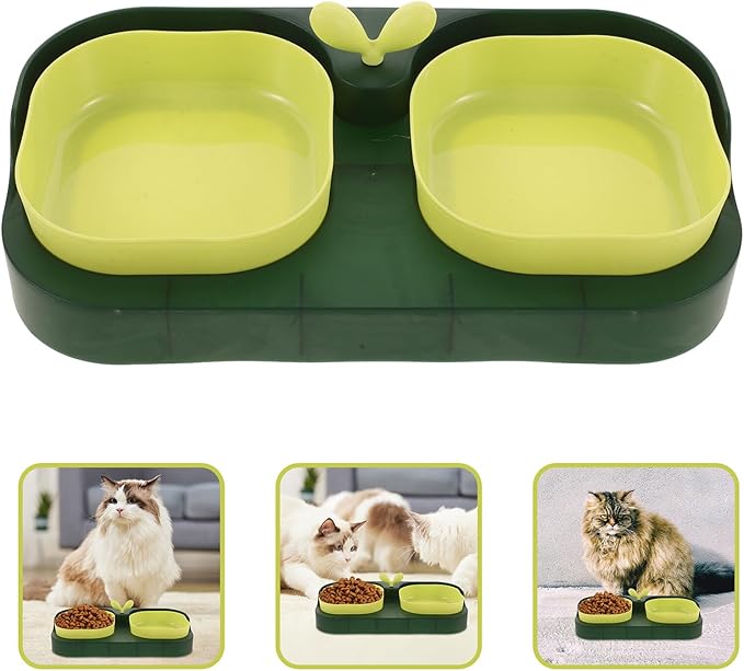 Toyvian Cat and Dog Double Feeding Bowl Set, 2-Compartment Plastic Pet Bowls with Water and Food Holder, Moss Green, Suitable for Kittens and Small Dogs, Practical Feeding Supply for Home