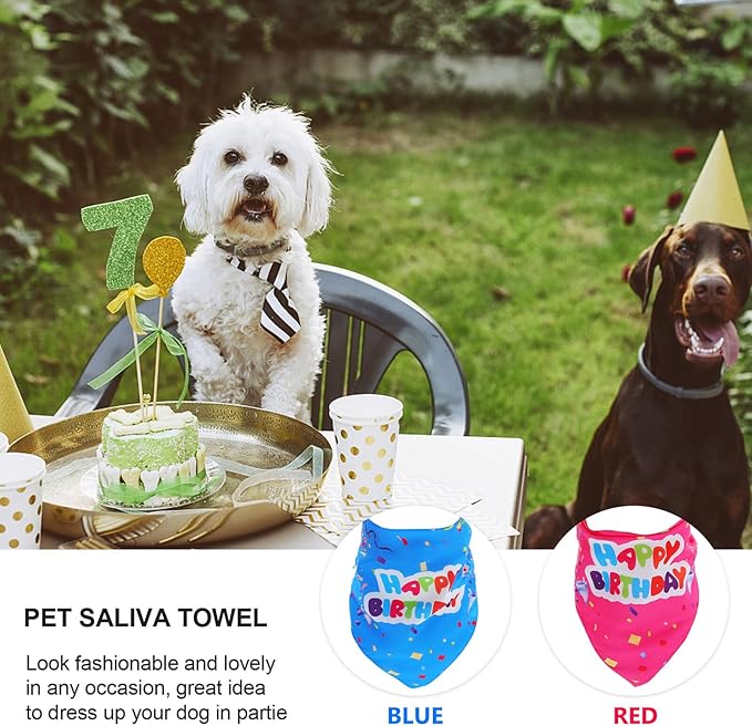2pcs Puppy Birthday Bandanas Triangle Scarves Pet Bibs Saliva Towels with Ribbon Blue and Pink for Dog Party Supplies