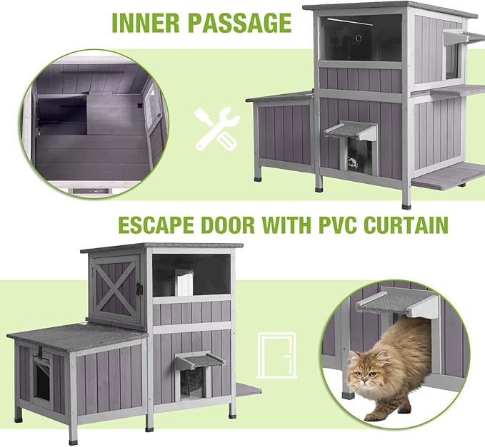 Heated Cat House Outdoor Insulated Cat Cage with Heating Pad for Winter, Feral Kitty Shelter Waterproof Roof,23" D x 44" W x 34.5" H