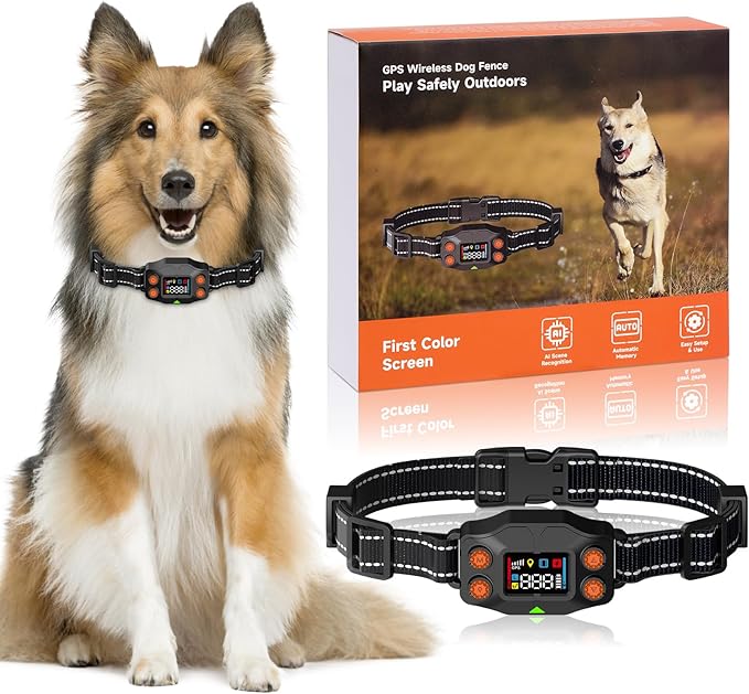 GPS Wireless Dog Fence, 3 Warning Modes, Radius 25-999 Yards, IPX7 Waterproof Collar, Electric Fence for Dogs, Pet Containment System, Outdoor Use, for Dogs Over 16 Lbs