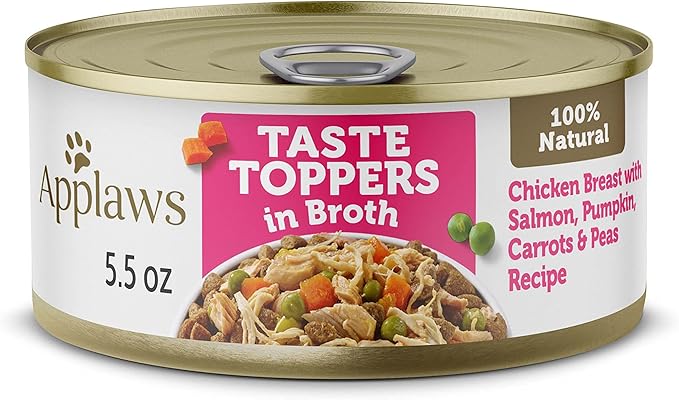 Applaws Taste Toppers, Grain-Free Dog Food Topper, Limited Ingredient, Chicken Breast with Salmon, Pumpkin, Carrots & Peas in Broth (12 x 5.5oz Cans)