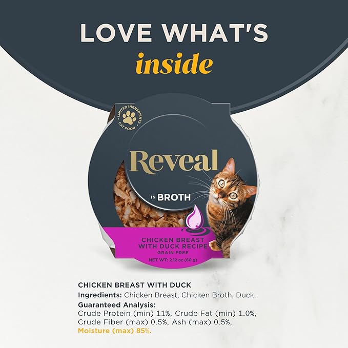 Reveal Natural Wet Cat Food, Limited and Natural Ingredients, Grain Free, High Protein with No Artificial Additives, Chicken Breast with Duck in Broth (18 x 2.12 oz Easy Peel Pots)