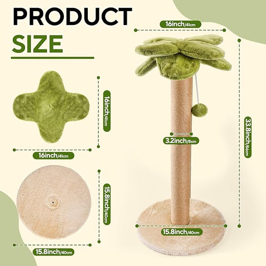 Cat Scratching Post Palm Tree Shape, Sturdy 34 inches Tall Sisal Scratch Post with Interactive Dangling Ball, Cute Cat Scratcher for Indoor Cats