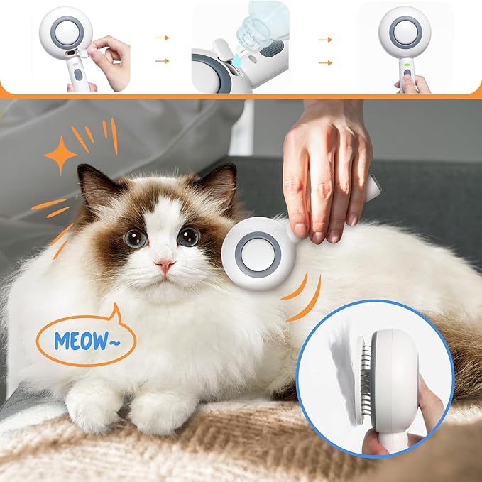 Cat Steam Brush, 3 in 1 Comb for Shedding, One-Click Hair Removal Brush with Steam, 2025 New Spray Pet Grooming Brushes for Dogs and Cats, Self Cleaning, IPX7 Waterproof (White)