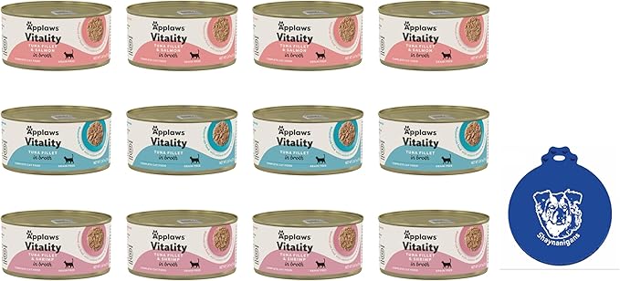 Applaws Vitality Grain-Free Shredded Wet Cat Food in Broth in 3 Tuna Flavors (12 Cans Total, 2.47 oz Each) Plus Shaynanigans Silicone Lid