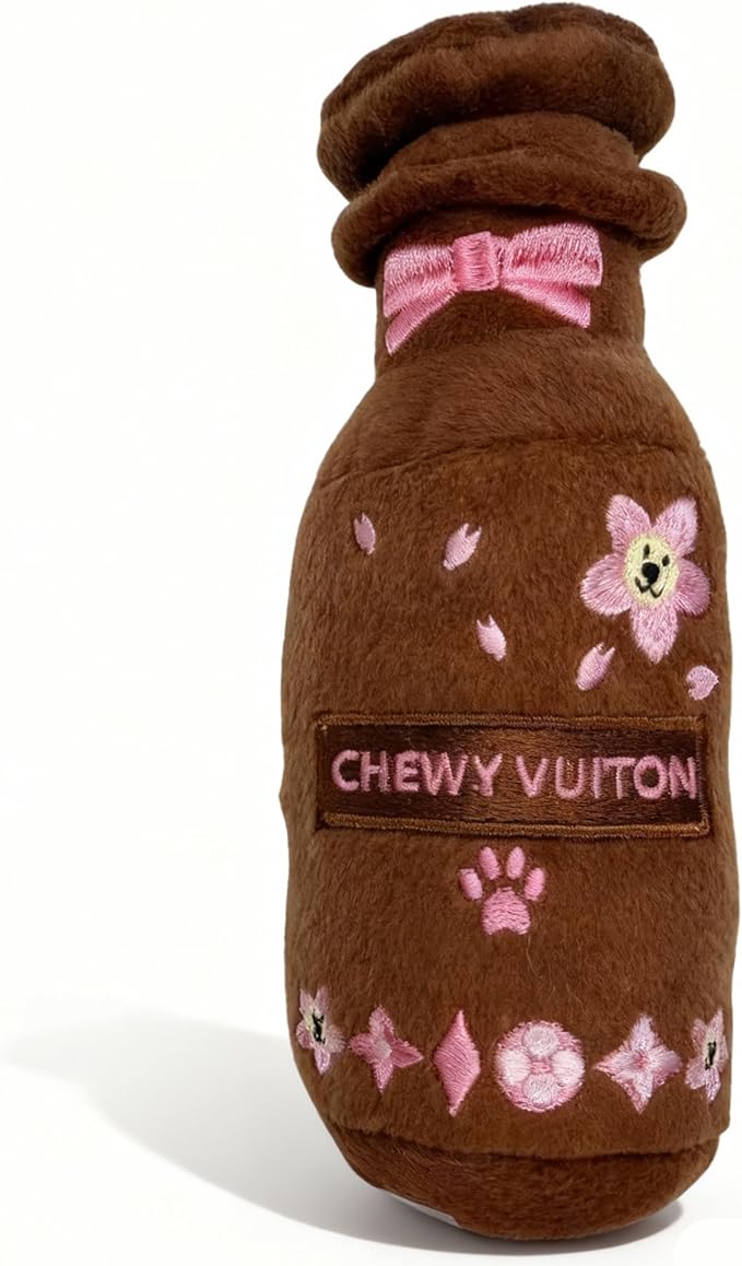 Dog Diggin Designs Chewy Vuiton Brown Blossom Pawfum Plush Dog Toy Bottle | Luxury-Inspired Parody Designer Perfume Bottle with Squeaker, Soft Plush Fashion Dog Toy – Prêt-à-Porter Play!