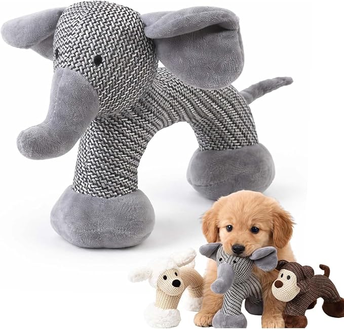 Pet Lori Linen Safari Companions with Squeaker & Crinkle - Durable Chew-Resistant Plush Toy for Small & Medium Dogs, Anxiety Relief & Teeth Cleaning, Fun Elephant & Lion Animal Shapes (Elephant)