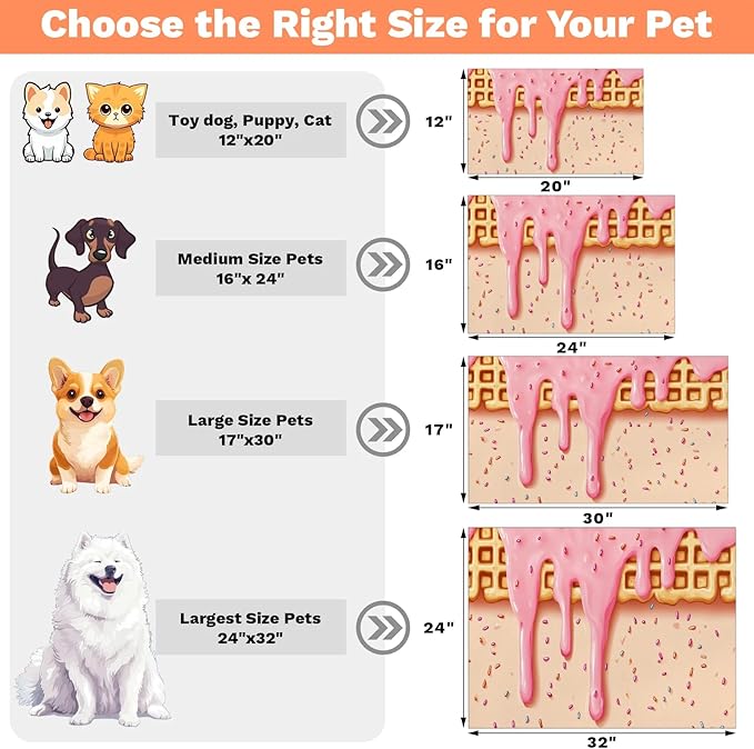Pink Ice Cream Dog Food Mat for Floors Absorbent Dog Bowl Mat for Food and Water Dispenser Quick Dry Cat Food Placemat Pet Supplies 16" x 24", Waffle