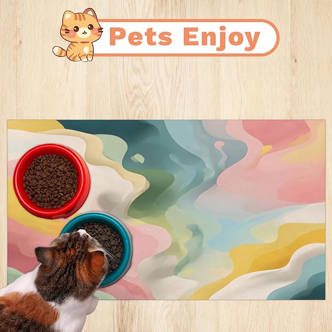 Pink Green Marble Dog Food Mat for Floors Absorbent, Quick Dry Water Dispenser Mat for Food, Water, Pet Supplies 17" x 30", Modern Abstract