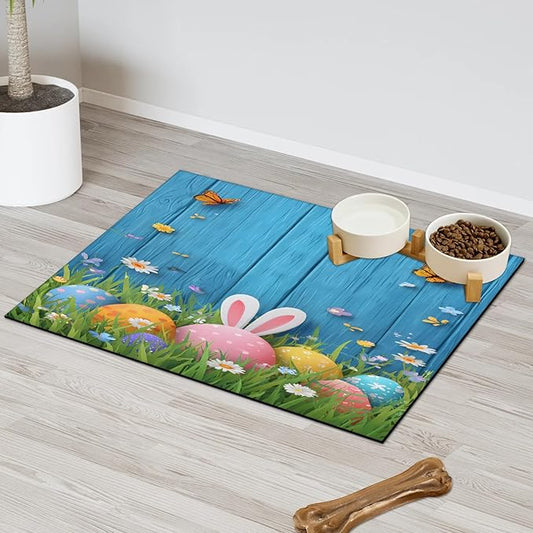 Happy Easter Dog Food Mat for Floors Absorbent Dog Bowl Mat for Food and Water Dispenser Quick Dry Cat Food Placemat Pet Supplies 24" x 32", Butterfly Daisy Flower