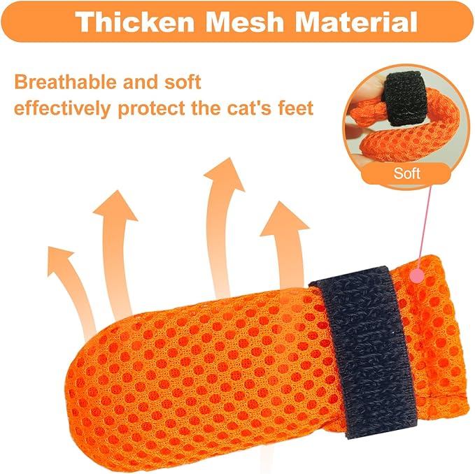 Cat Boots Paw Covers Anti-Scratch Foot Protectors - Adjustable Mesh Claw Protectors, Non-Slip Breathable for Bathing and Nail Cutting (4 Pieces, S, Orange)