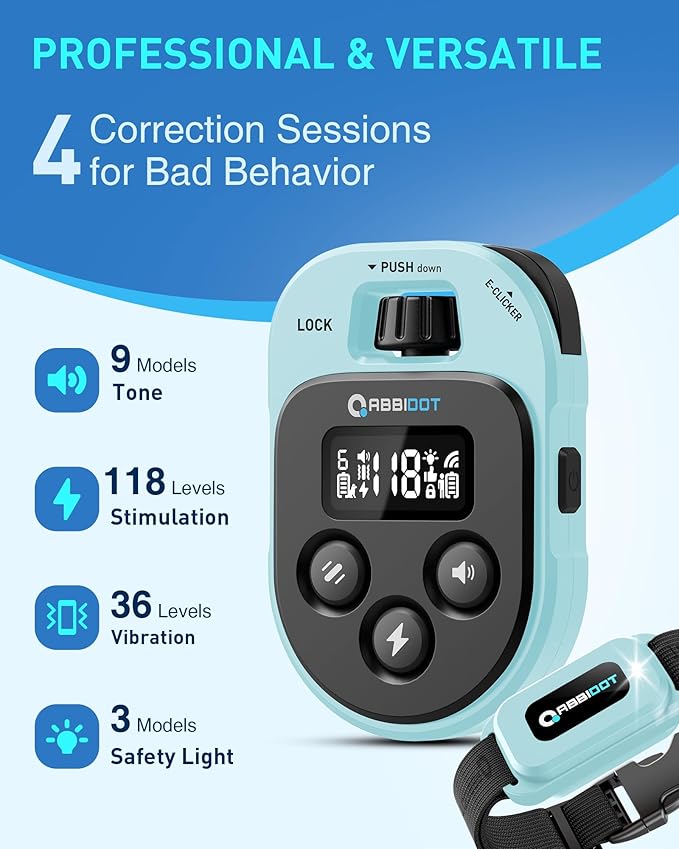 ABBIDOT Dog Shock Collar, 4500FT Dog Training Collar with Remote，IPX7 Waterproof Rating，6 Training Modes (Beep, Vibration, Safe Shock), Enhanced Night Light, Rechargeable E-Collar for Dogs 10-130 lbs